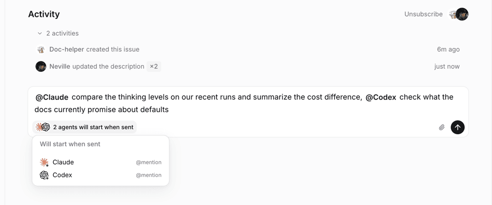 Trigger preview before sending: lists the agents that will start working once the comment is sent