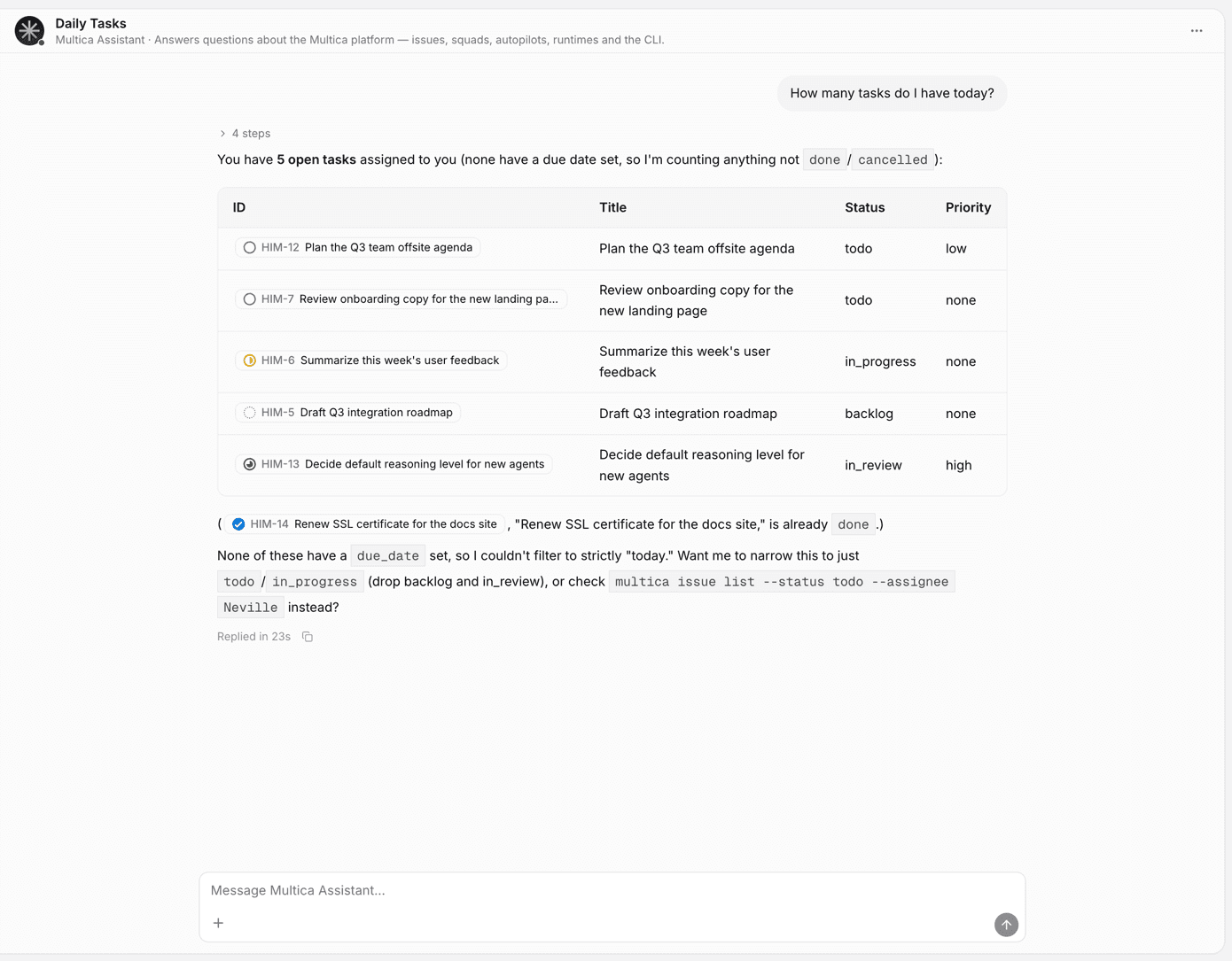 A chat with an agent: a question answered with the result organized into a table