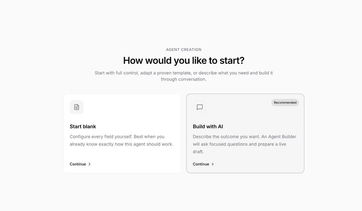 Agent creation starting-point picker: Start blank and Build with AI