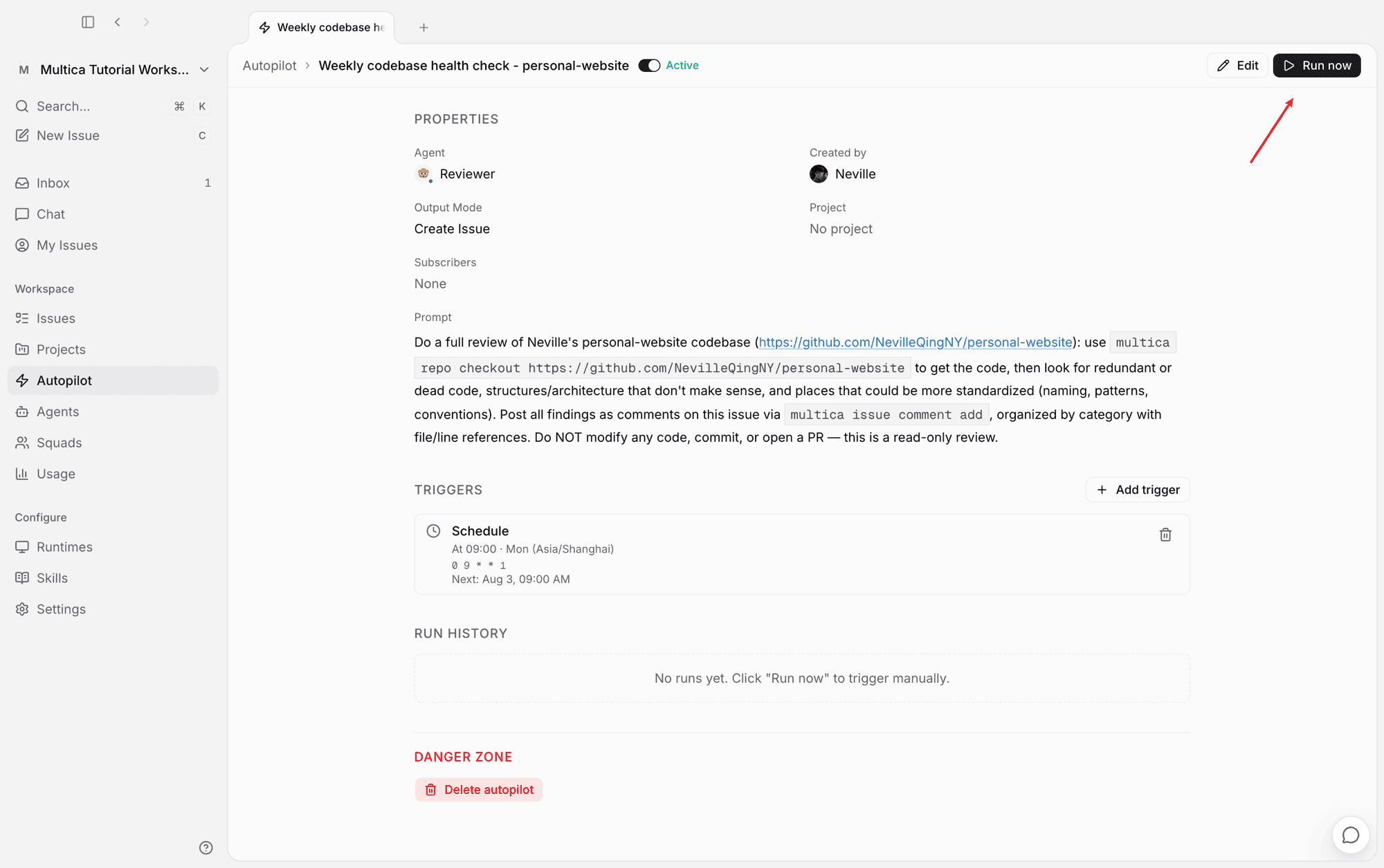 Autopilot detail: the schedule and Run now