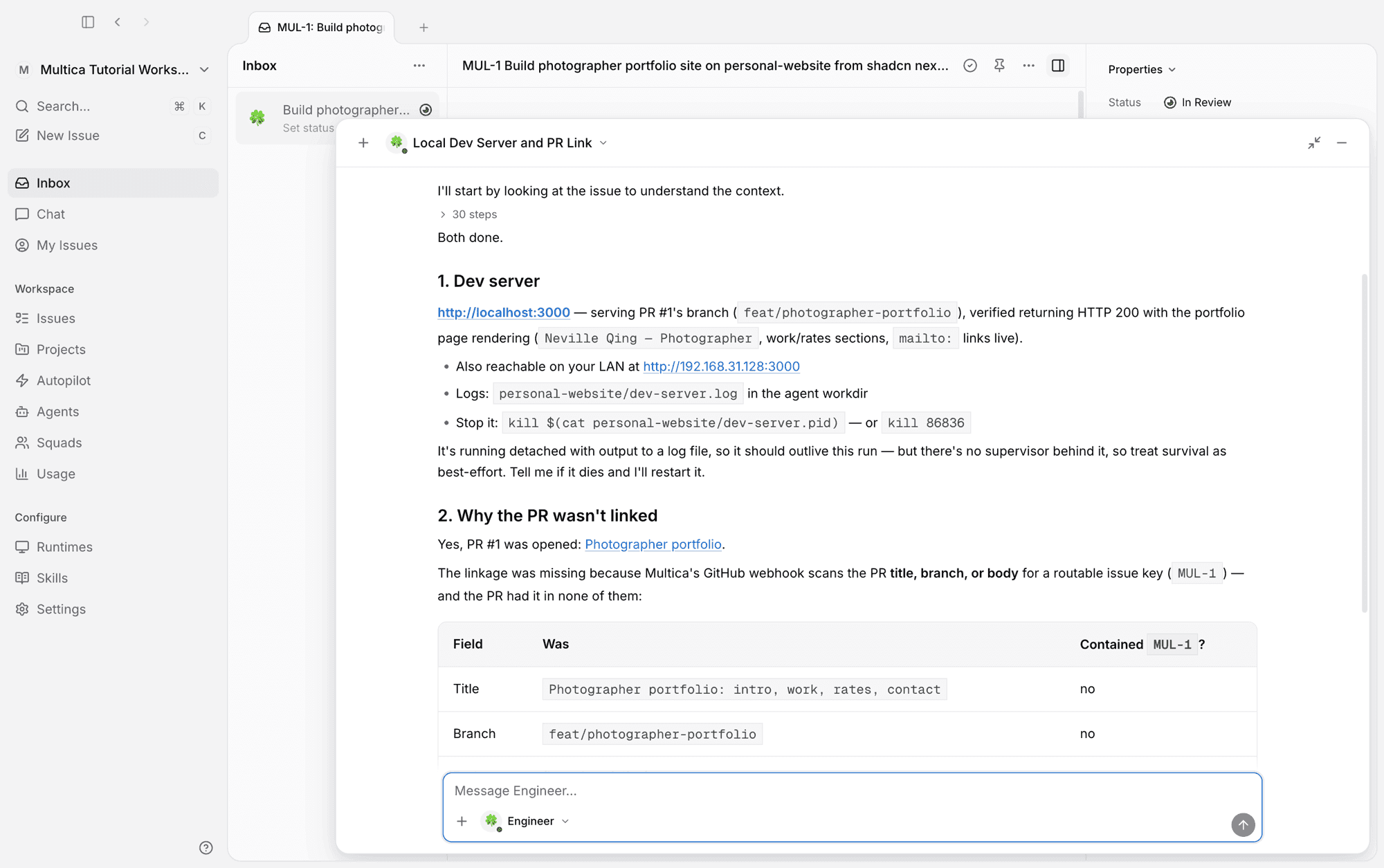 Engineer's reply: the local address and why the PR was not linked