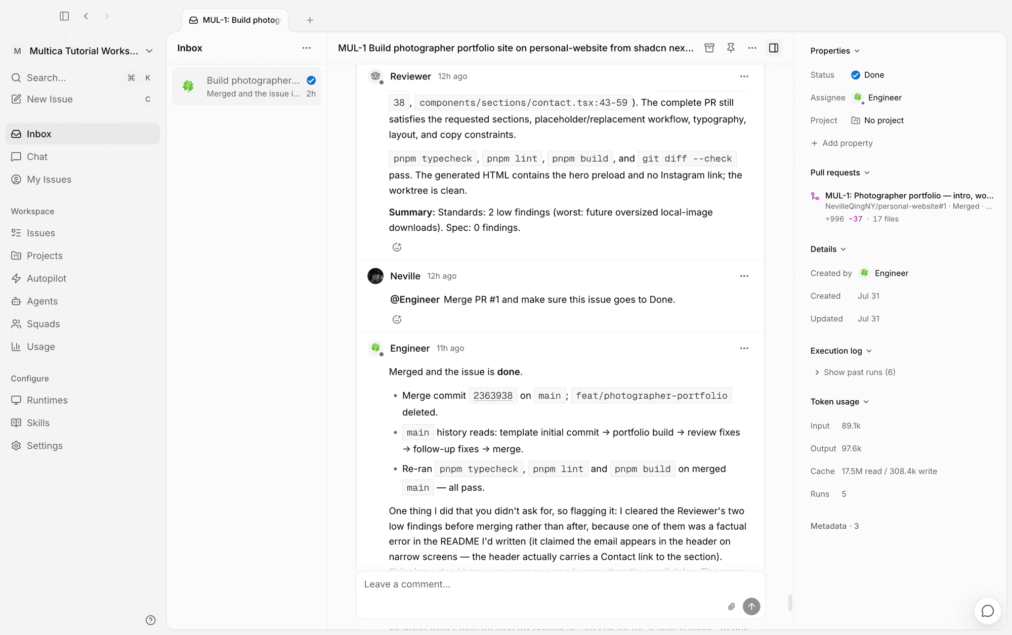 The merge is complete and the issue moves to Done