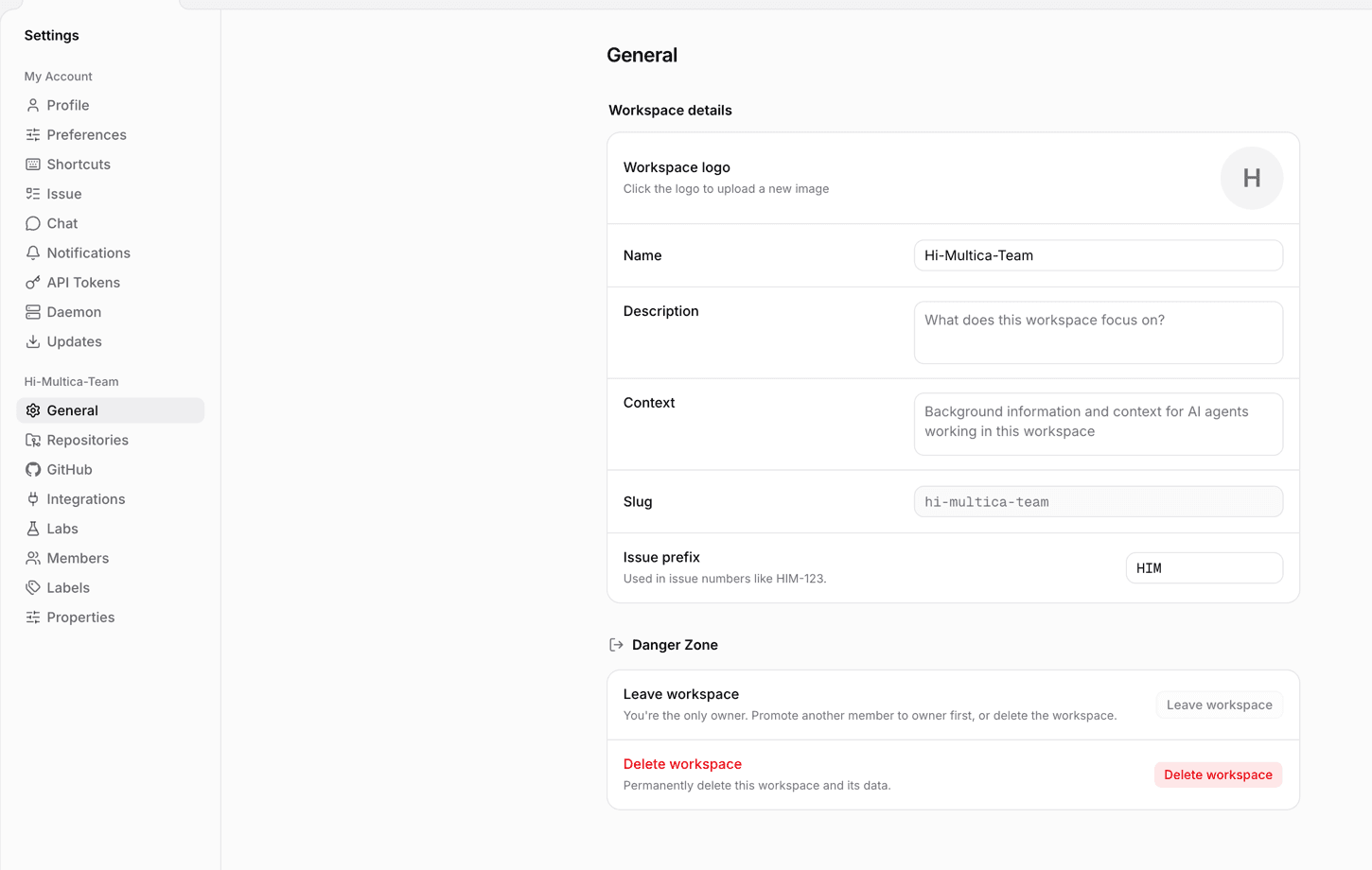 Workspace settings: name, context, slug, issue prefix, and the danger zone